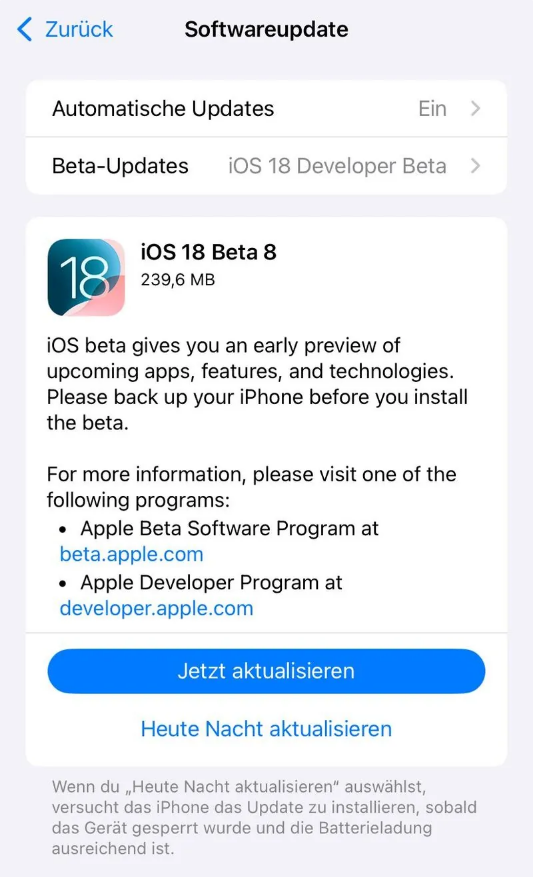 黄江镇苹果手机维修分享苹果 iOS / iPadOS 18 开发者预览版 Beta 8 发布 